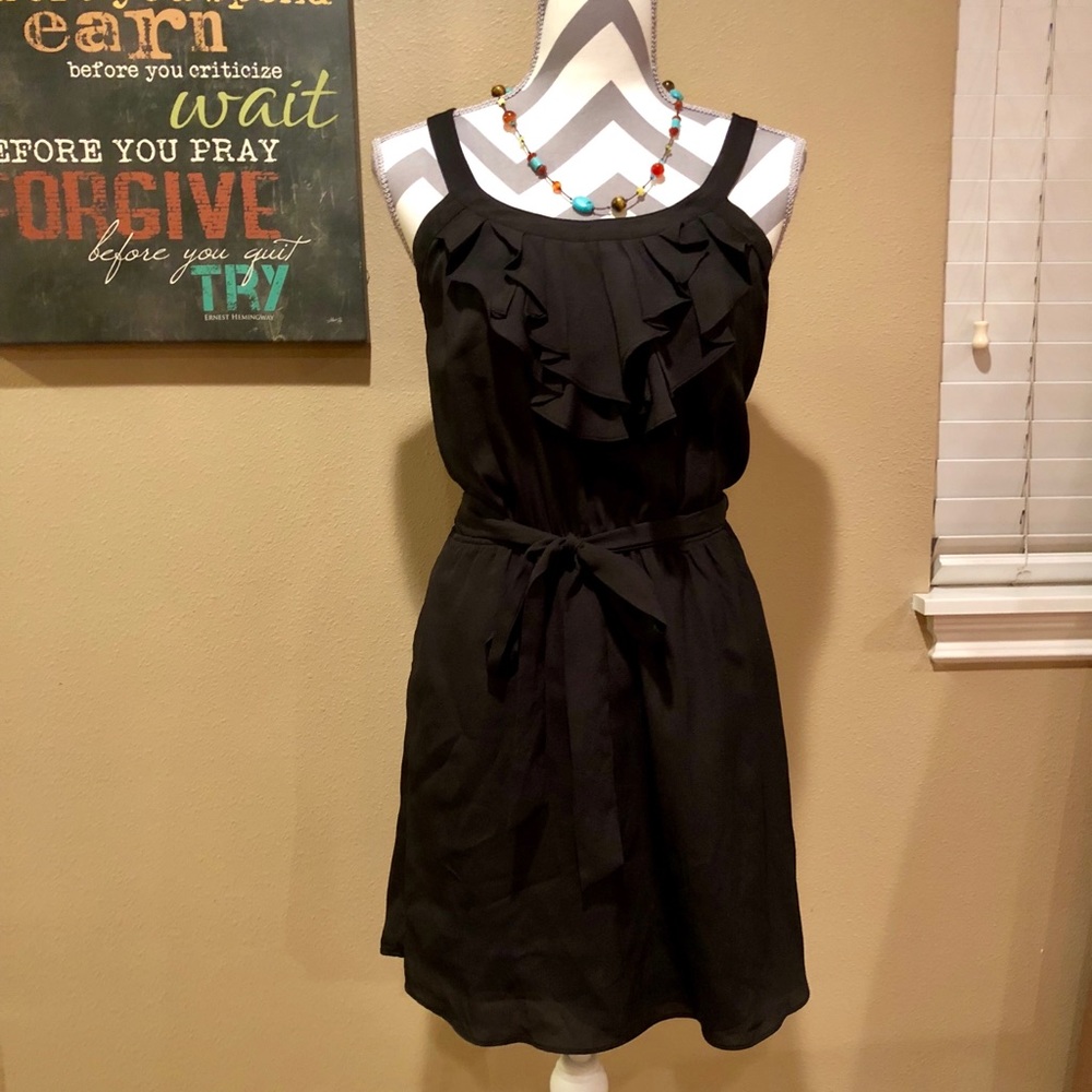 Cotton Blend Little Black Dress w/Ruffled Front